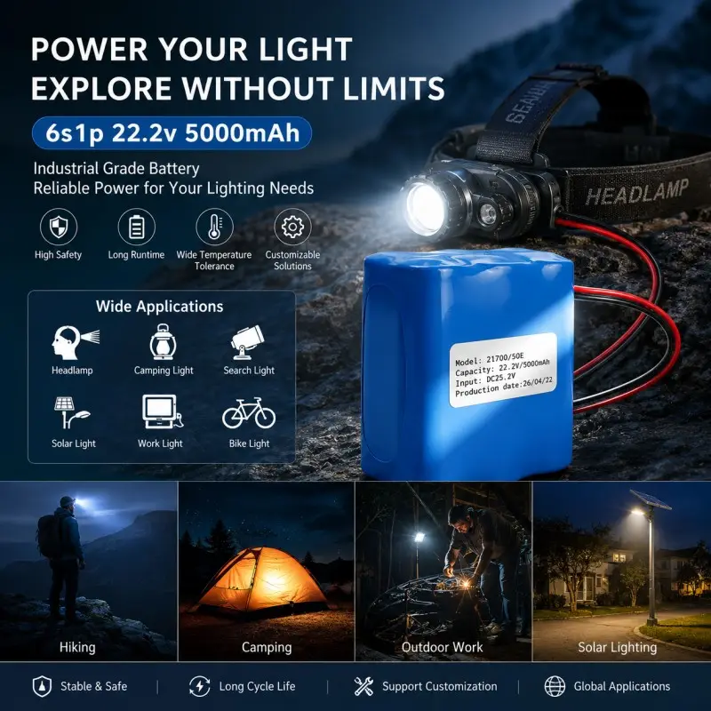 Solution personnalisée de batterie 6S 22,2V 5000mAh pour applications de phares extérieurs