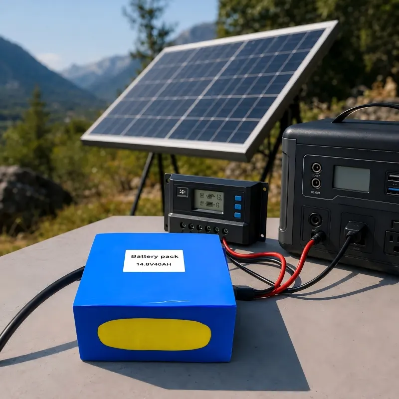 Scène d’application du système solaire avec batterie 14,8V 40Ah et câblage