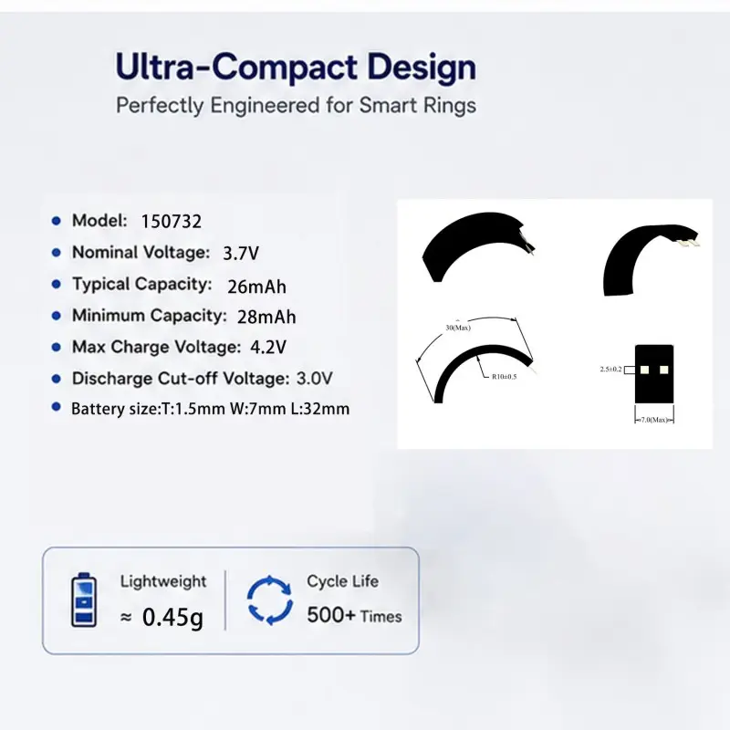 Batterie incurbe rechargeable de 3,7V pour capteurs portables intelligents et appareils Bluetooth
