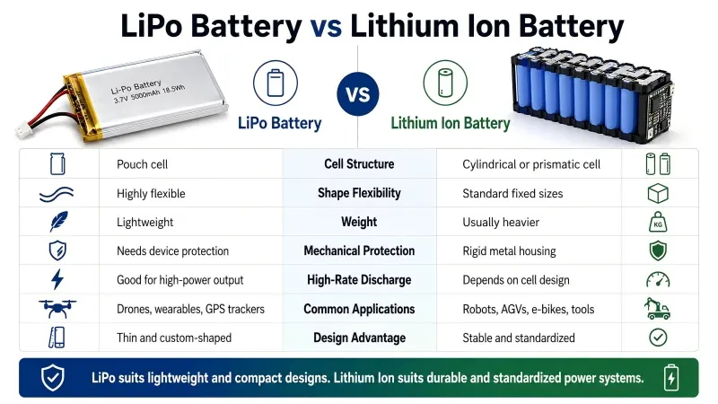 Comparaison des batteries LiPo et batteries lithium-ion montrant des différences de structure, de poids, de flexibilité, de protection, de performance à la décharge et d’applications